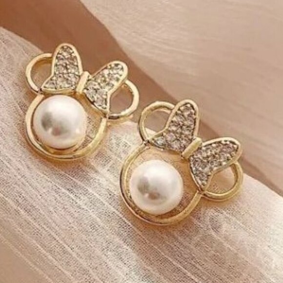 Minnie Mouse Gold Tone Faux Pearl Center Rhinestone Bow Earrings - Picture 5 of 6